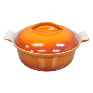 Vintage Descoware Mid Century Modern Cast Iron Orange Enamel Lidded Dutch Oven For Sale