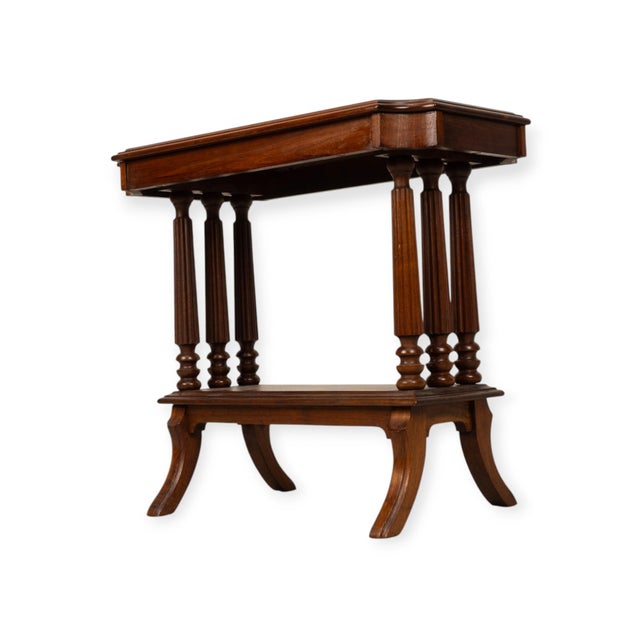 Vintage Neoclassical Walnut Side Table W/ Reeded Columns & Lower Shelf 25x13.5x22 For Sale - Image 11 of 11