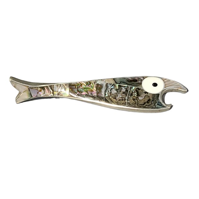 Late 20th Century Late 20th Century Vintage Mid-Century Modern Abalone Fish Bottle Opener Mexican Alpaca For Sale - Image 5 of 6