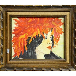 Vintage Oil Painting of Woman with Red Hat For Sale