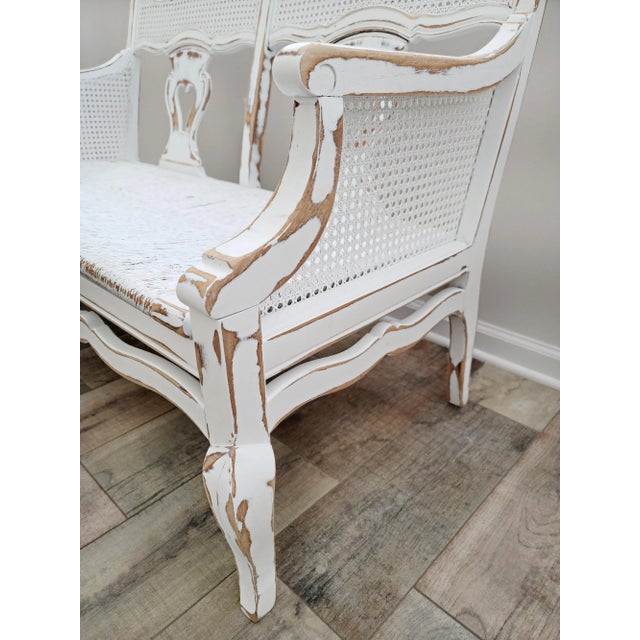 Rustic French Country Settee With Cane Accent and Rush Seat | Chairish