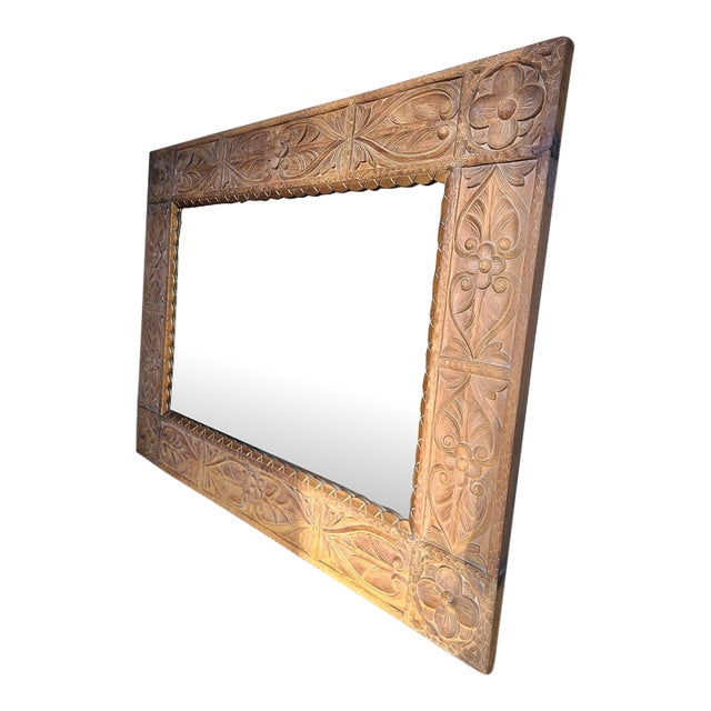 Dauphine Harrison & Gil Vintage Hand Carved Indonesian Bohemian Teak Mirror For Sale