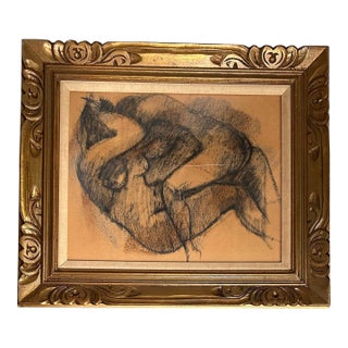 1940’s Original Modernist Double Figure Nude Charcoal Study Drawing in Chunky Wood Frame For Sale