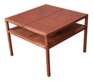 Michael Taylor for Baker Furniture Cherry Wood and Cane Two-Tier Coffee Table, Newly Refinished