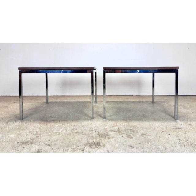Knoll 1970’s Florence Knoll “T Angle” Chrome & Walnut Laminate Side Tables Matching Pair For Sale - Image 4 of 12