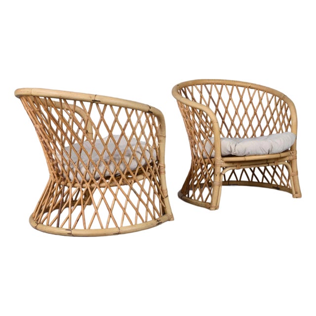Pair of Vintage Trellis Woven Barrel Back Rattan Lounge Chairs For Sale