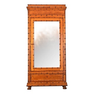 French 19th Century Faux Bamboo Pine & Mirror Armoire For Sale