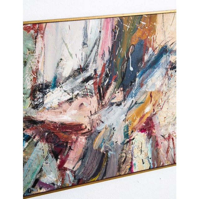 Mid Century Modern Oil Painting Abstract Expressionism Tan Red Yellow Signed For Sale - Image 11 of 12