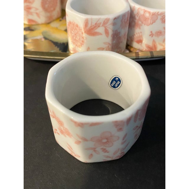 Vintage Japanese Pink and White Ceramic Napkin Rings With English Tin Tray - Set of 9 For Sale - Image 4 of 10