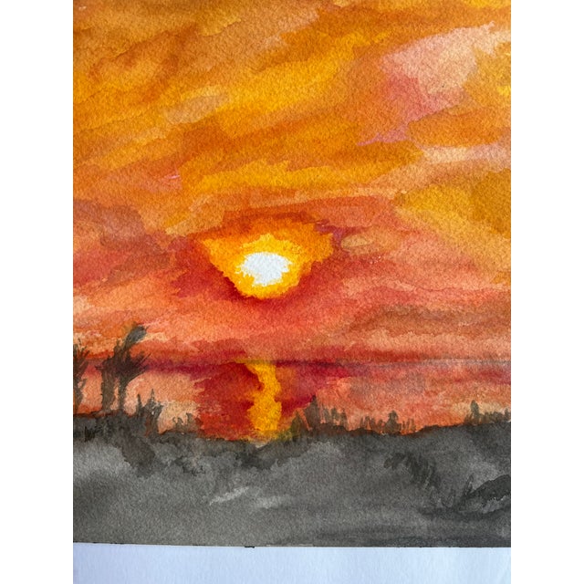 Vibrant Unframed Watercolor Painting of Sunset Landscape For Sale - Image 4 of 4