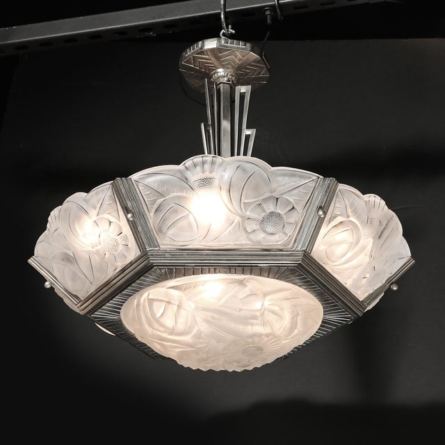 Pair of Art Deco Hexagonal Frosted Glass & Nickeled Bronze Chandeliers by Degue For Sale - Image 13 of 18