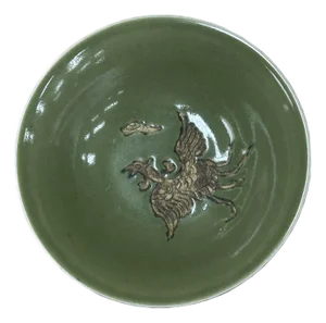 Chinese Celadon Green Color Phoenix Graphic Ceramic Bowl Display Art