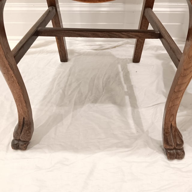 Wood Antique Quarter Sawn Oak Side Chairs With Hand Carved Motif on Each Side and Nailhead Stud Surround Tapestry Seat and Claw Feet For Sale - Image 7 of 18