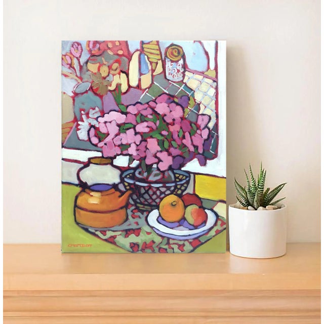 The radiance of flowers, pattern and color unite in this engaging contemporary 14" x 11" still life oil painting. This...