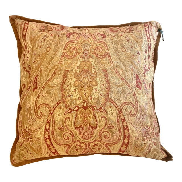 Lauren Ralph Lauren Dalmency Hall Gold Burgundy Sage Green, Suede Trim Medallion Paisley Decorative Pillow 24” X 24” For Sale