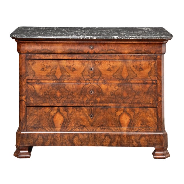 19th Century French Louis Philippe Chest or Commode of Burr Walnut With Marble Top For Sale - Image 5 of 12