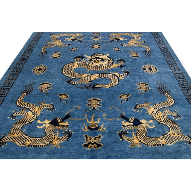 Blue Modern Chinese Style Handmade Wool Rug With Dragon Design For Sale - Image 10 of 11