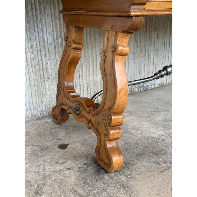 Wood Late 19th Century Spanish Bench or Low Console Table with Drawers, Lyre Legs and Iron Stretcher For Sale - Image 7 of 18