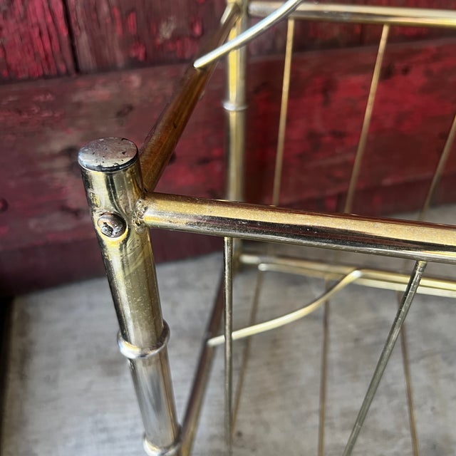 Hollywood Regency Vintage Brass Bamboo-Style Magazine Holder With Wire Frame & Handle For Sale - Image 3 of 13