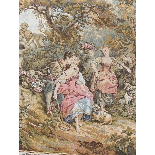 Large Vintage French Aubusson Jacquard Tapestry Pastoral Loves, 1960s For Sale - Image 4 of 18
