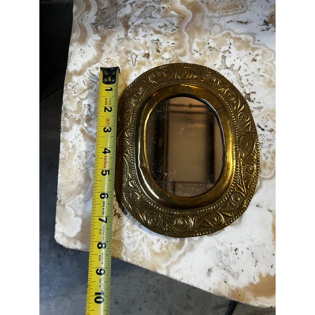 Mid-Century Modern Vintage Small Oval Brass Mirror With Etched Details For Sale - Image 3 of 7