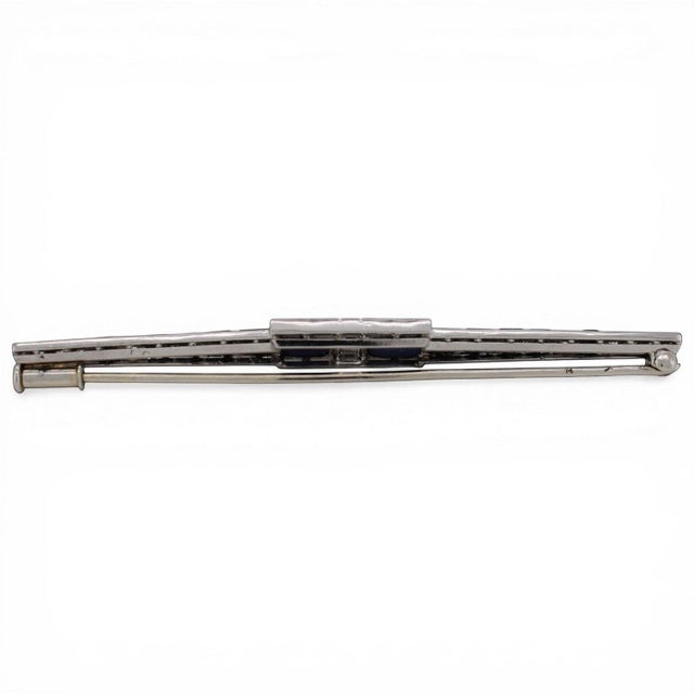 Early 20th Century Art Deco Platinum Bar Brooch - Lapis Lazuli, Onyx & Diamonds - Circa 1920 For Sale - Image 5 of 6