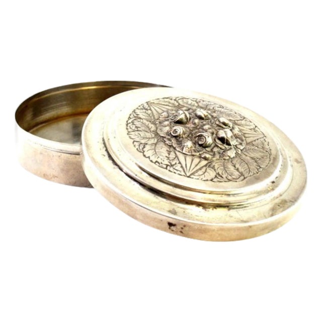 Circular Box in Rosewood with Garland, Silver Filigree Applications and Flower Enamel Application For Sale