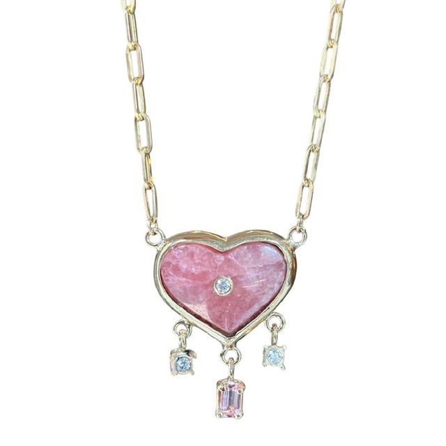 Metal Rhodochrosite Heart Necklace With Diamonds, Spinel & 14k Gold Paperclip Chain For Sale - Image 7 of 7