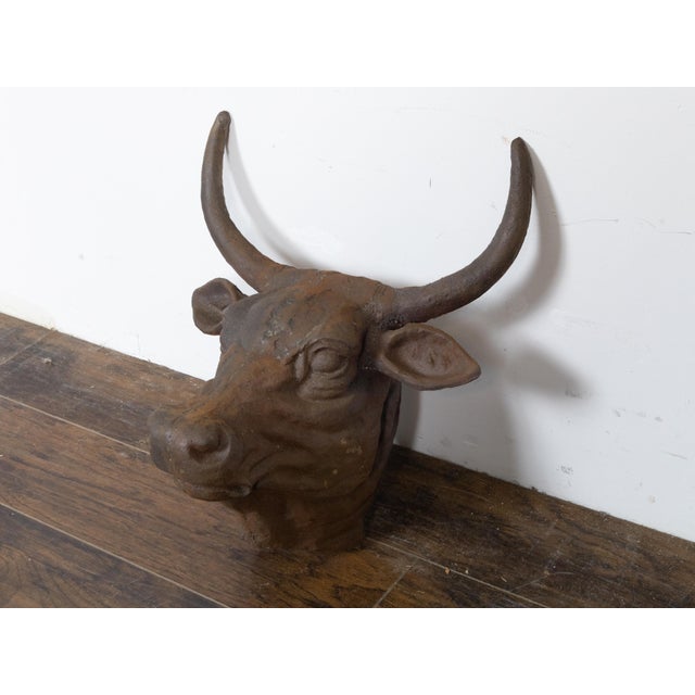 Early 20th Century English 1930s-1940s Cast Iron Bull Wall Hanging Sculpture with Rusty Patina For Sale - Image 5 of 11