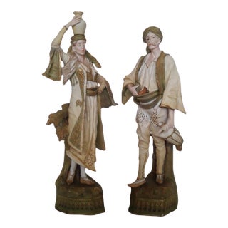 Antique Ernst Wahliss Turn Wien Austrian Porcelain Orientalist Water Bearer Figures, Pair For Sale