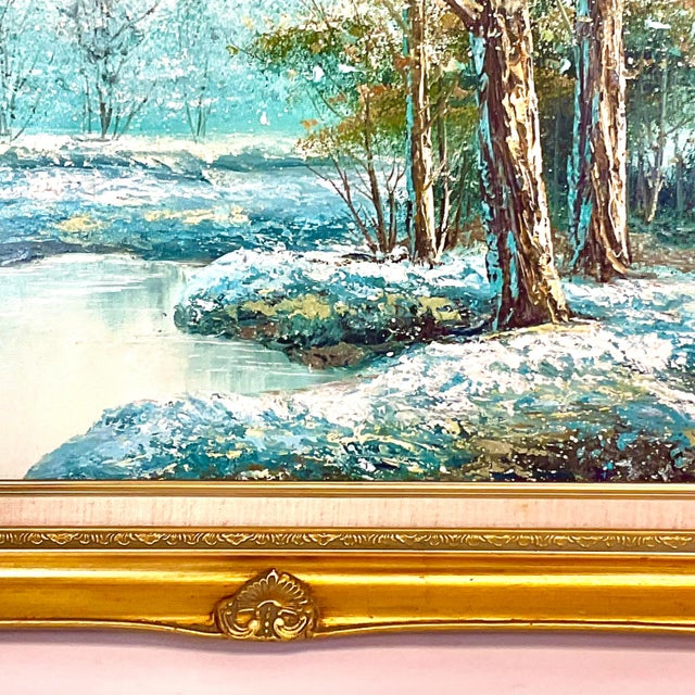 1982 Vintage Impressionist Original Oil Painting, Snowy Winter Creek Landscape, Framed. For Sale - Image 9 of 11