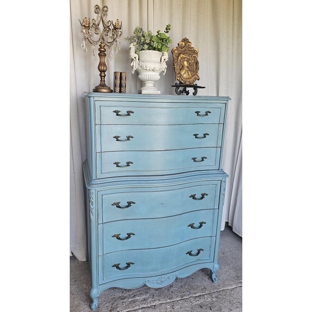 1950s Vintage Chest of Drawers, Turquoise Tall Dresser, Circa 1950's For Sale - Image 5 of 13