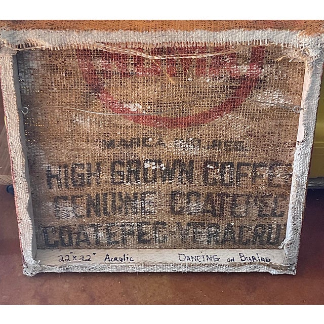 Vintage “Dancing on Burlap” Acrylic Painting on Coffee Sack Canvas by Thom Evans 22”x 22”x1.75” For Sale - Image 10 of 10