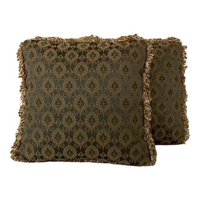 1990s Ethan Allen Green Brocade Trimmed Pillows a Pair Chairish