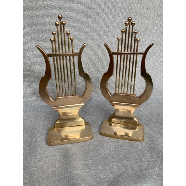 Mid 20th Century Vintage Brass Musical Harp Bookends a Pair For Sale - Image 5 of 11