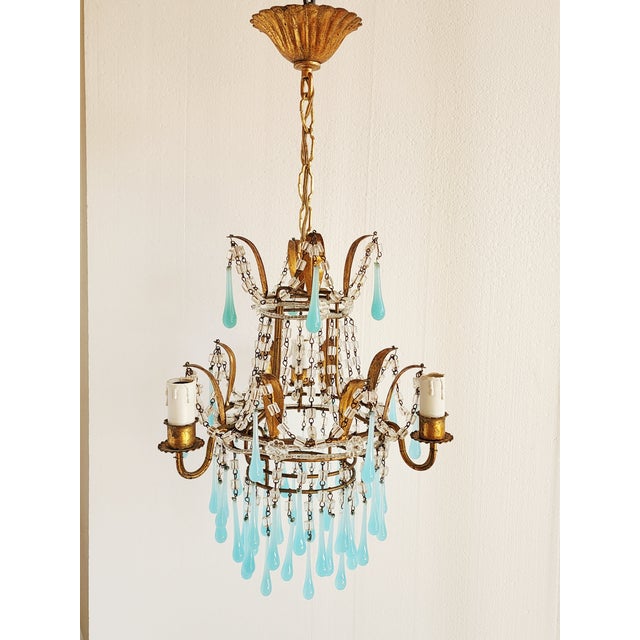 French Vintage Gilt Metal Italian Chandelier With Blue Opaline Crystals For Sale - Image 3 of 12