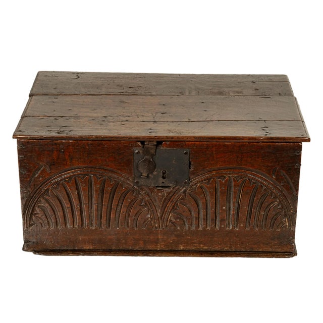 English Antique 17th Century Charles II Carved Oak Bible Document Box 6 Plank Trunk 1680 For Sale - Image 3 of 15