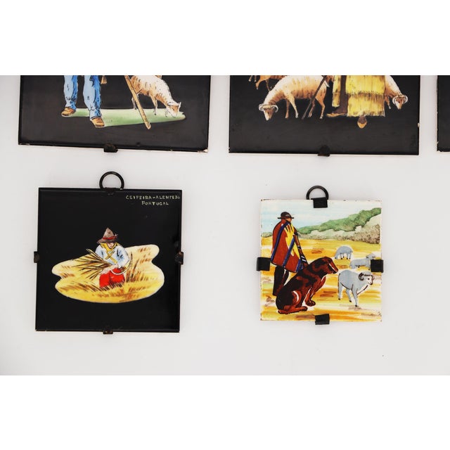 1950s Portuguese Set of Five Small Tiles Depicting People From Alentejo Province For Sale - Image 4 of 12