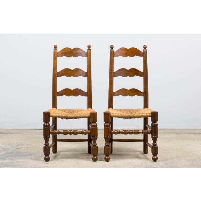 Late 19th Century Antique French Provincial Ladder Back Walnut Dining Chairs W/ Rush Seats – Set of 6 For Sale - Image 5 of 18