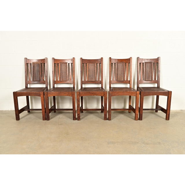 Mission Lifetime Furniture Antique Mission Oak and Cane Arts & Crafts Dining Chairs, Set of Five For Sale - Image 3 of 11