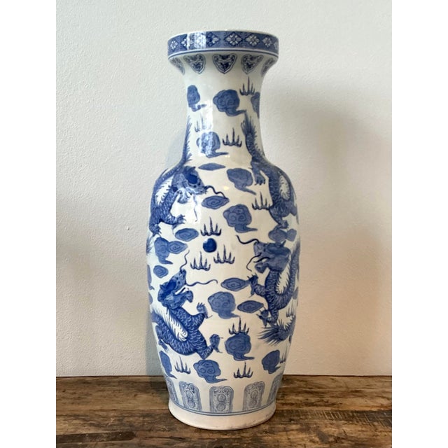 Ceramic Vintage Asian Blue and Whits Dragon Vase For Sale - Image 7 of 12