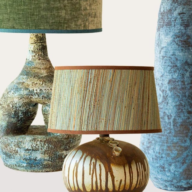 Blue Green Ceramic Floor Table Lamp with Silk Shades attributed to R. Houben, 1970 For Sale - Image 6 of 12