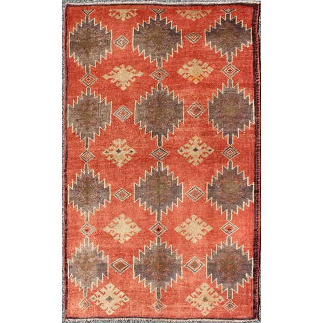 Textile Turkish Vintage Tulu Rug With Geometric Medallions in Orange, Butter, Gray and Brown For Sale - Image 7 of 7