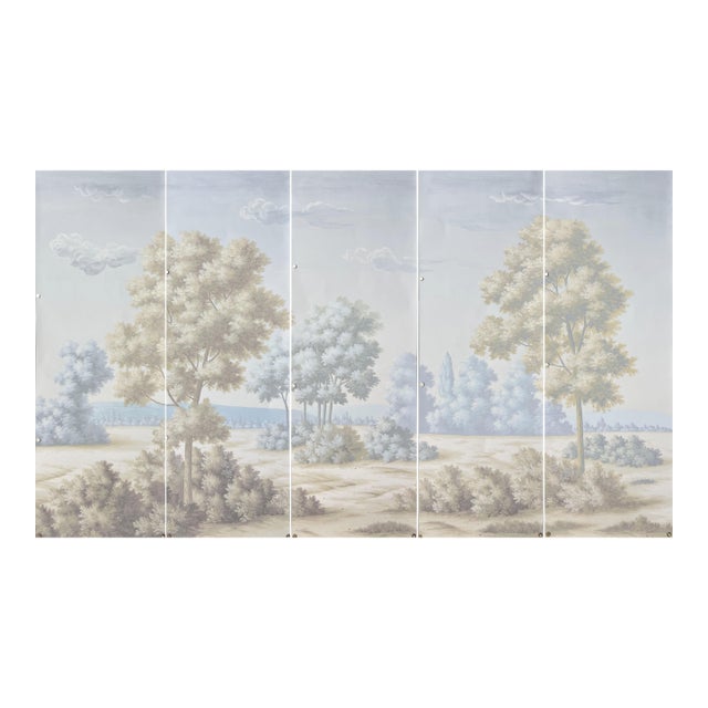 Soft Pastel French Landscape Hand-Painted Panoramic Wallpaper, 5-Panel Set For Sale