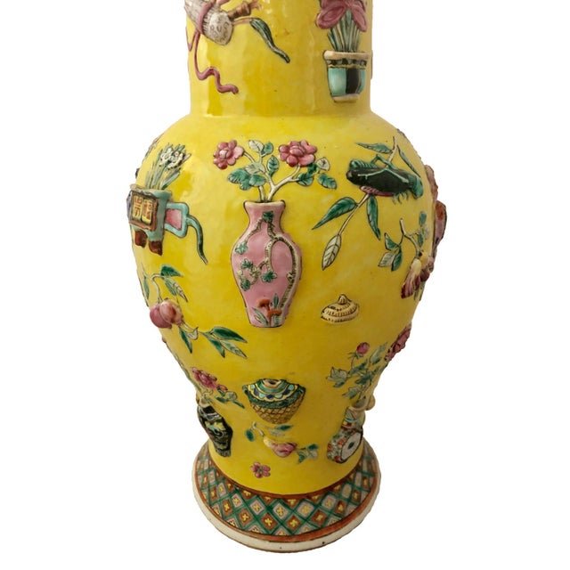 Chinese Large Imperial Yellow 100 Antiquities Baluster Vases With Lids