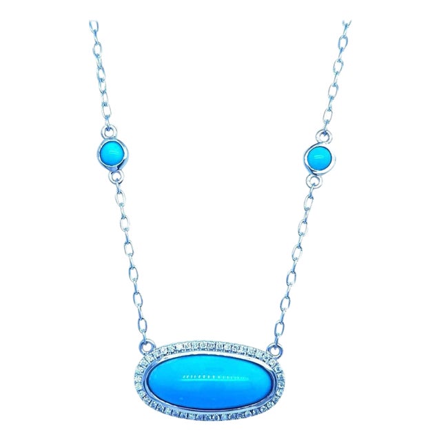 Natural Persian Turquoise Diamond Pendant Necklace 17" 14k G 13.27 TCW Certified For Sale