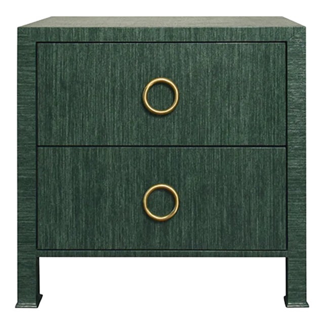 Matthew Izzo Home - Edelman Dark Green Grasscloth Two Drawer Side Table For Sale