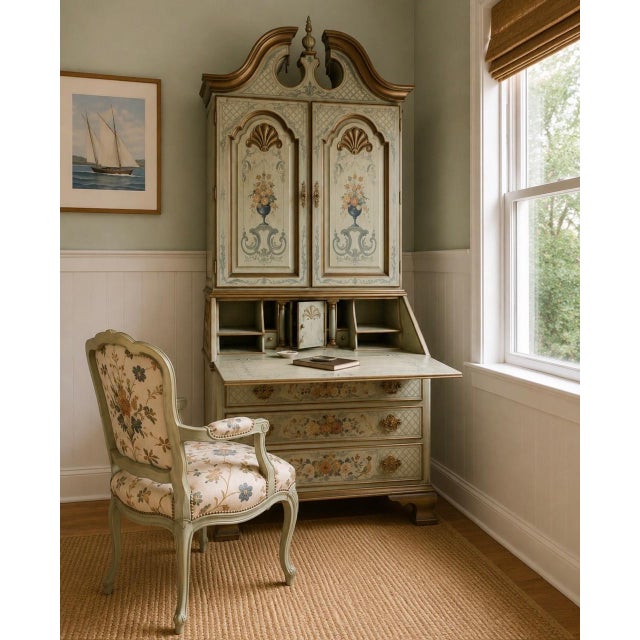 Painted Chinoiserie Style Antique Sage Green Floral Secretary Desk For Sale - Image 14 of 17