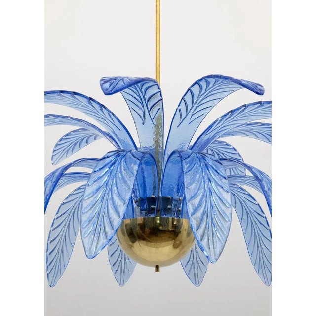 1970s Mid-Century Modern Palm Leaves Chandelier in Light Blue Murano Glass and Brass, 1970 For Sale - Image 5 of 9