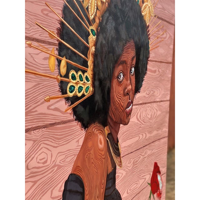 African Persistence of Expectations by Joseph Idowu | Acrylic on canvas portrait of a woman with butterflies. For Sale - Image 3 of 5